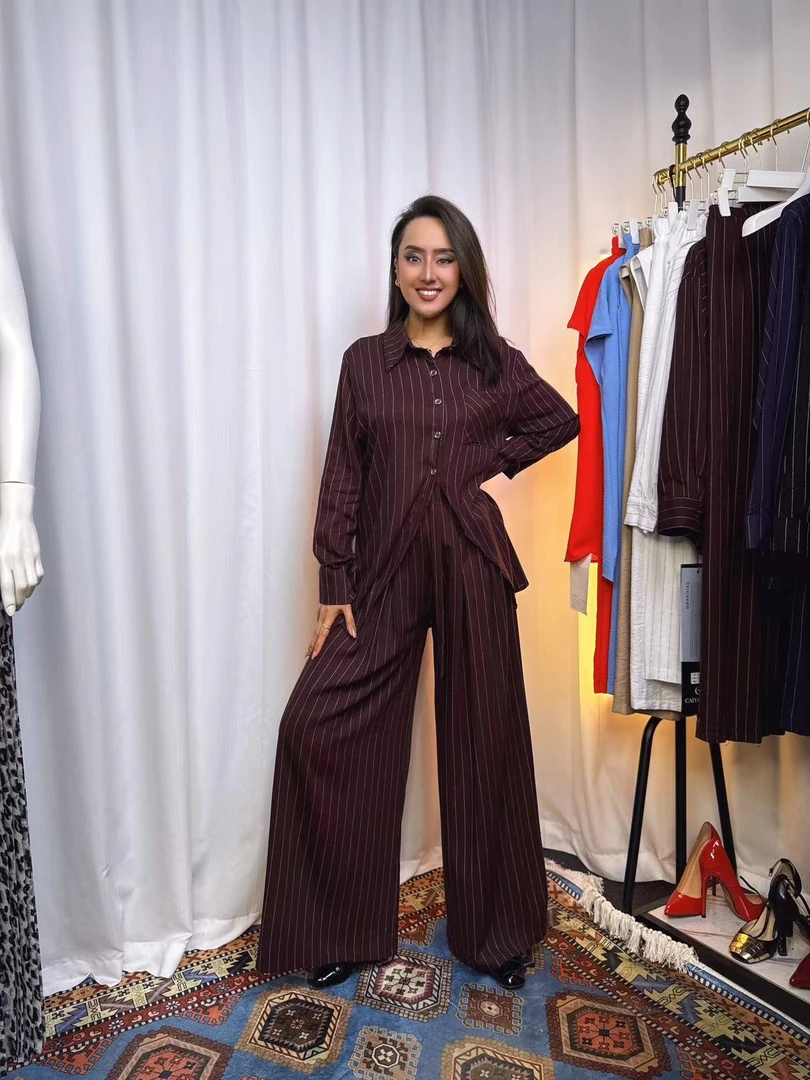 开叉棉麻套装 休闲夏季宽松气质时尚显瘦提花女款条纹