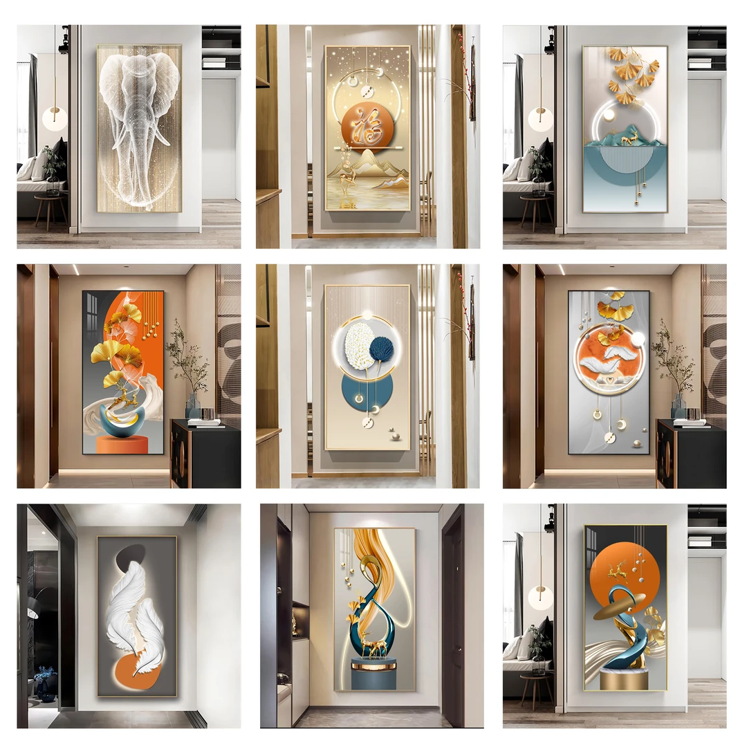 玄关装饰画福鹿金山现代轻奢客厅入户挂画走廊尽头背景墙体晶瓷画