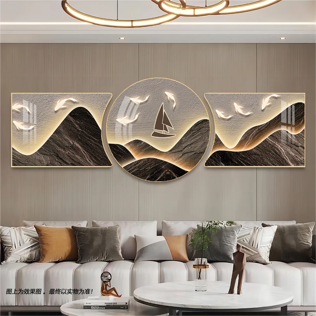 沙发背景墙定制轻奢九鱼图简约现代客厅装饰画高级感三联晶瓷壁画