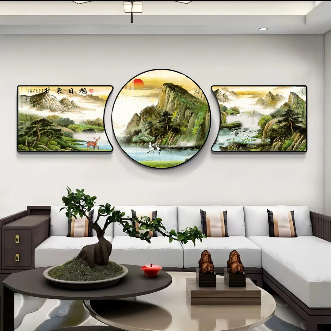 客厅沙发背景墙挂画旭日东升装饰画新中式电视背景壁画三联晶瓷画