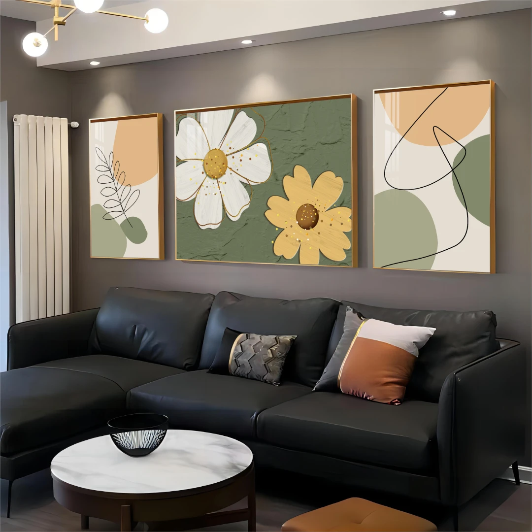北欧清新2023新款客厅背景适合年轻人沙发电视墙三联晶瓷装饰挂画
