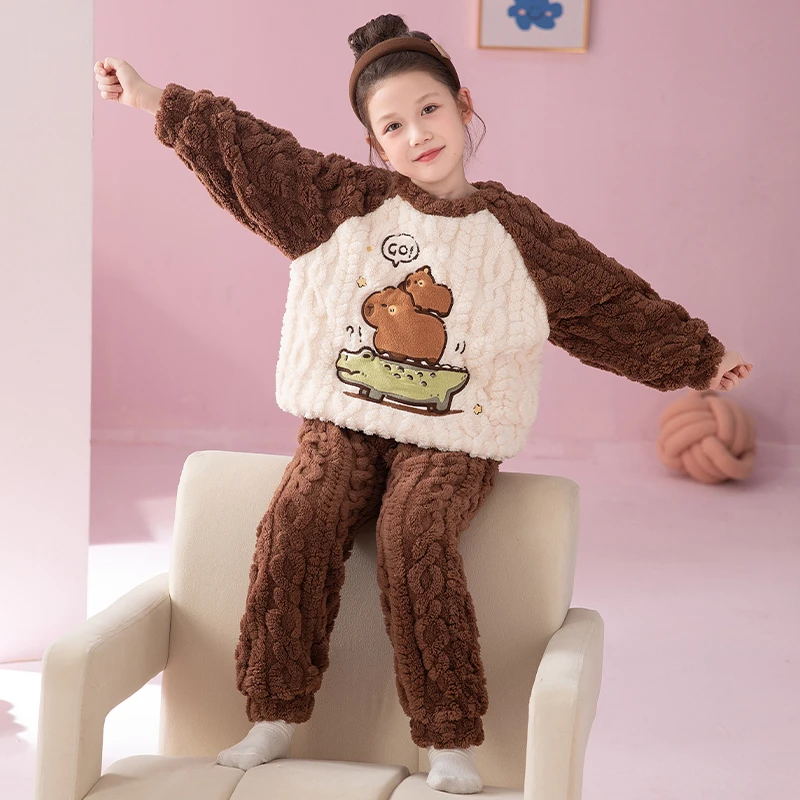 儿童睡衣秋冬季女童珊瑚绒网红卡皮巴拉睡衣大童女孩法兰绒家居服