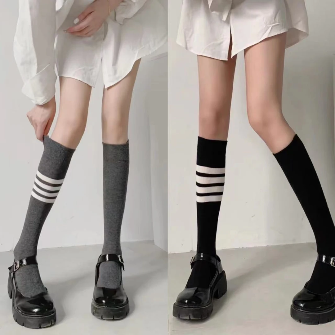 日系百搭少女感条纹AB学院风ins穿搭时尚洋气Jk减龄及膝小腿袜