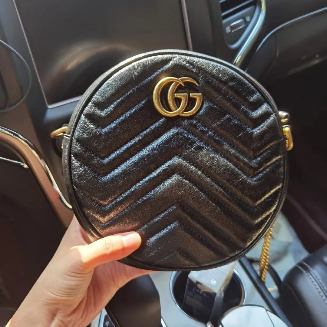 95新 GUCCI/古驰 古驰黑金马蒙圆饼链条包ym