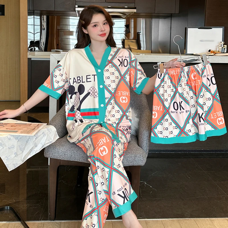 【粉丝专享】轻奢3件套睡衣女夏季开衫短袖短裤宽松家居服套装751