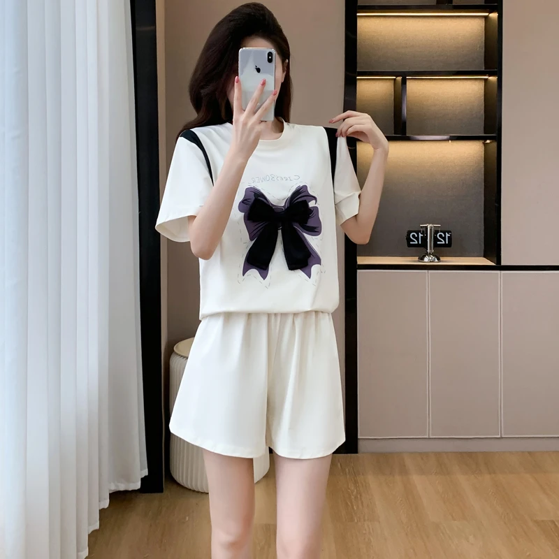 【粉丝专享】2件套夏季女短袖短裤宽松圆领运动休闲印花套装女250