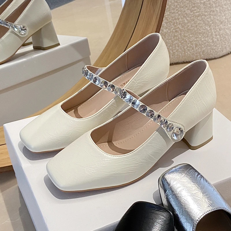 玛丽珍高跟鞋女2025新款浅口水钻一字带法式复古粗跟单鞋