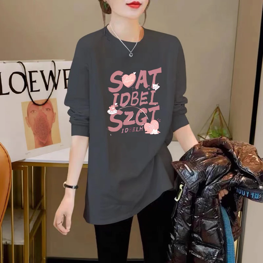 纯棉宽松中长款长袖打底衫女秋冬季叠穿卫衣内搭T恤遮屁股上衣服