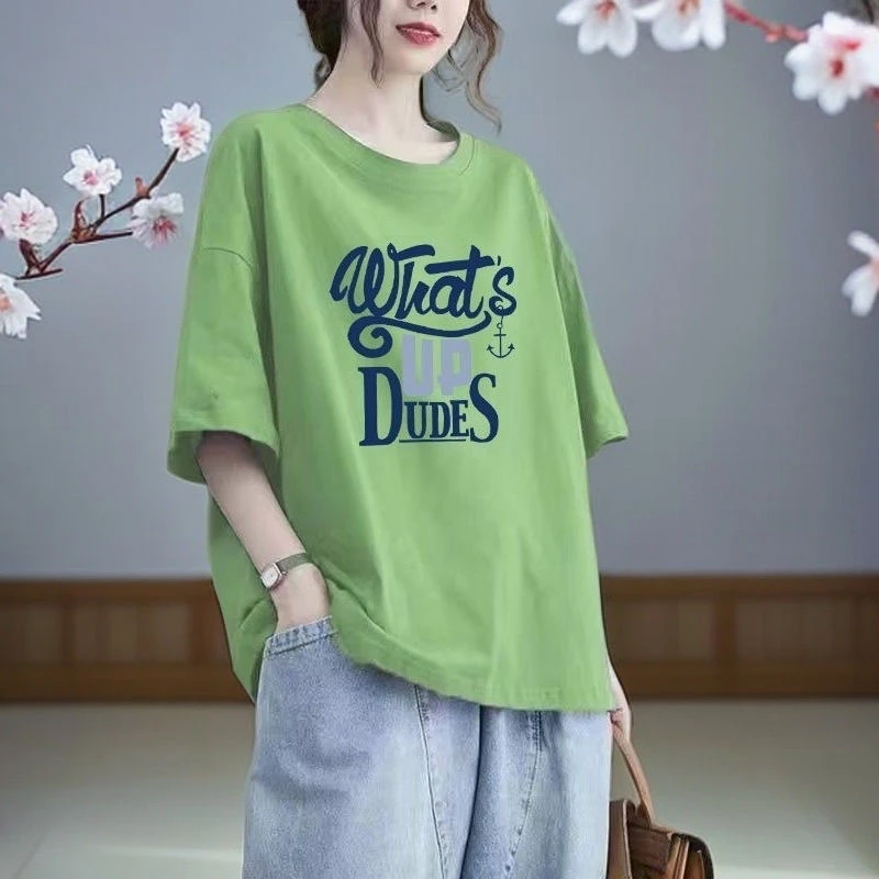 洋气潮牌100%纯棉短袖T恤女2024夏季百搭大码宽松版休闲减龄上衣