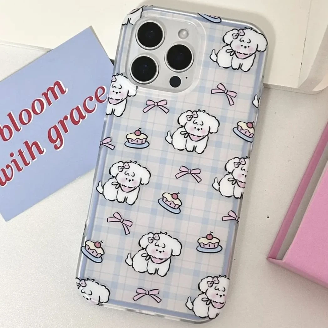ins卡通网格小清新蝴蝶结小狗iPhone16promax壳15pro硬壳
