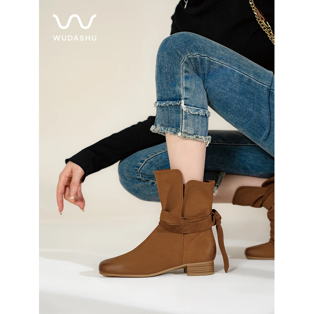 吴大叔秋冬季新款复古真皮中筒时尚经典休闲时装靴