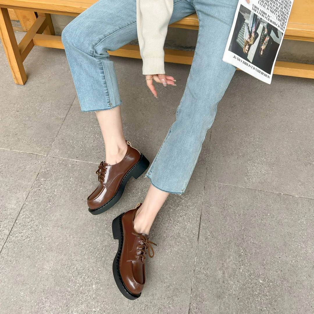 吴大叔2024春季新款圆头乐福鞋休闲系带软底复古厚底英伦风单鞋女