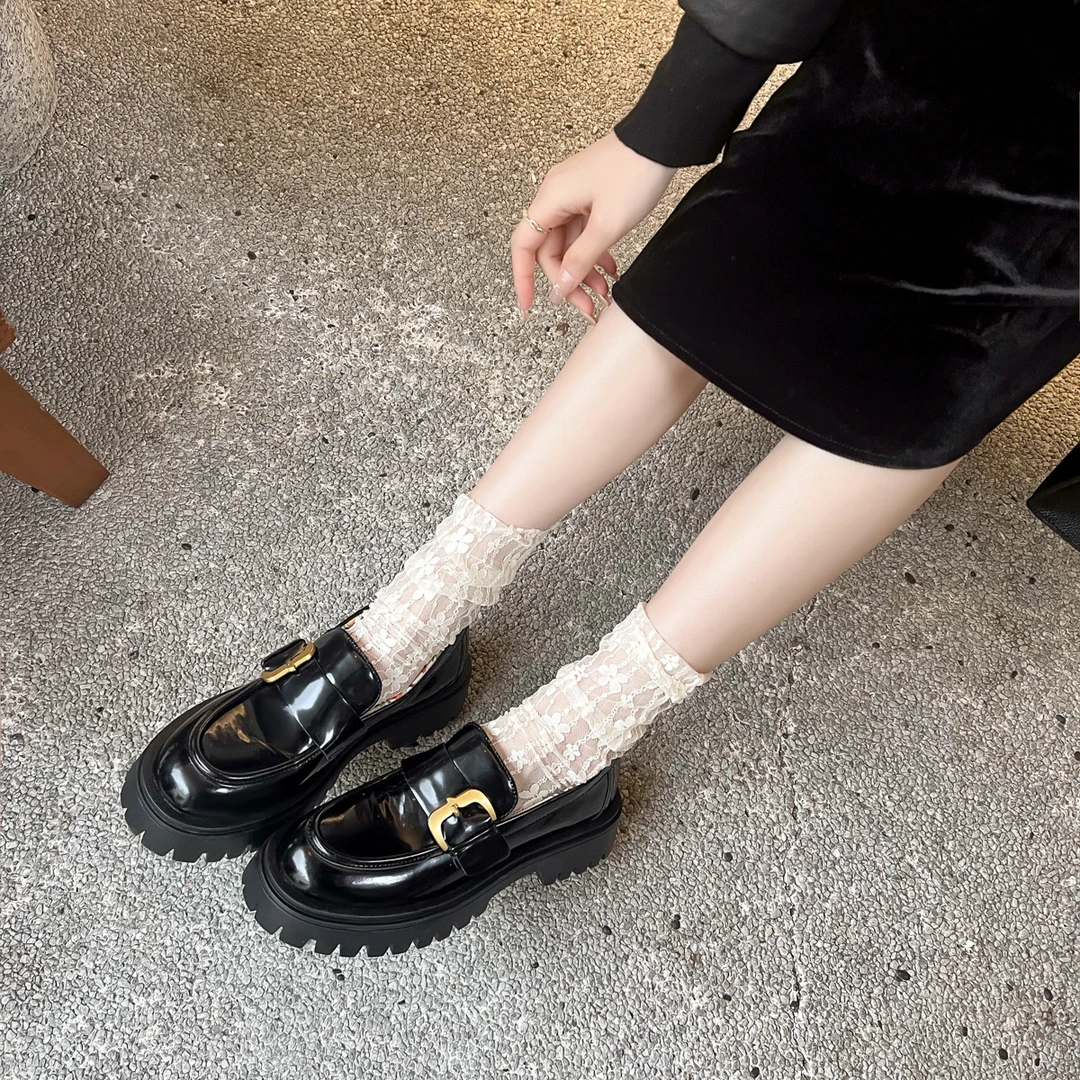 吴大叔2024春秋圆头乐福鞋时尚休闲厚底单鞋百搭真皮英伦风平底鞋