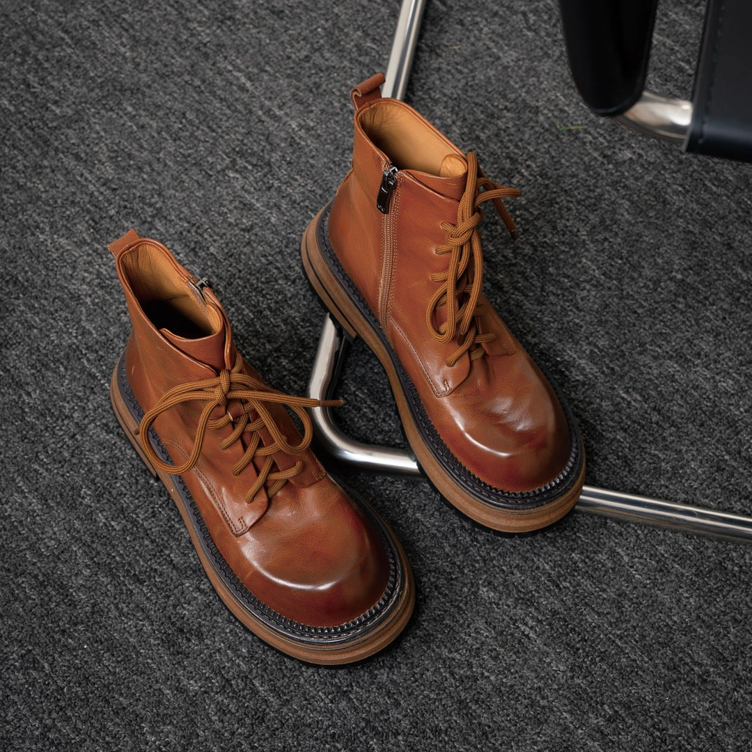 吴大叔秋冬新款厚底系带马丁靴真皮圆头短靴时尚百搭帅气雅丹靴子