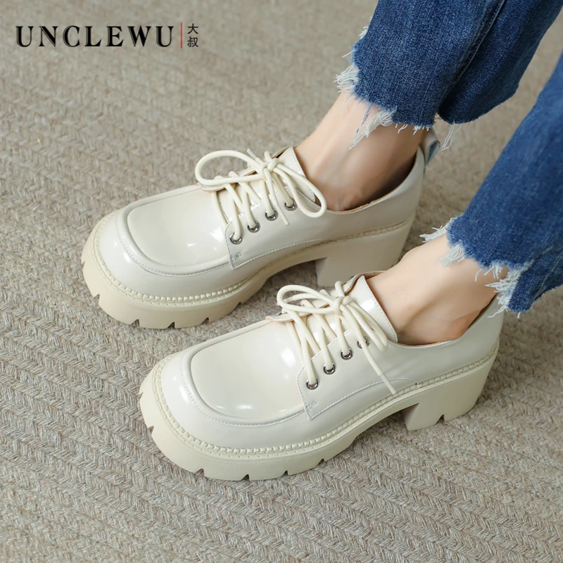 吴大叔春季新款乐福鞋英伦风百搭圆头小皮鞋百搭粗跟厚底真皮女鞋