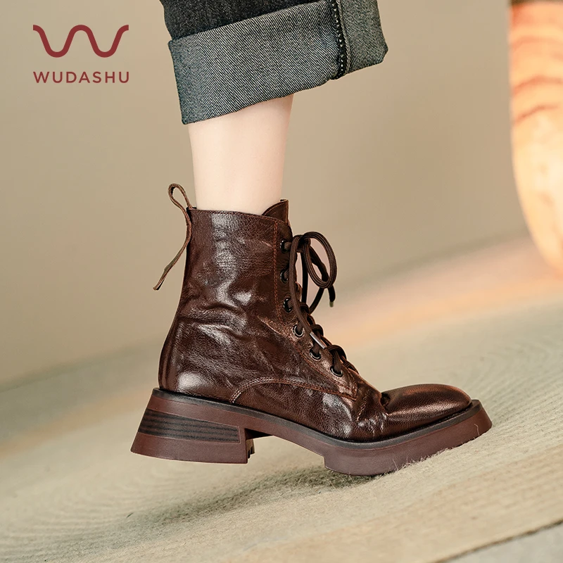 穿高跟的吴大叔冬季新款圆头马丁靴皱皮系带百搭时尚厚底真皮靴子