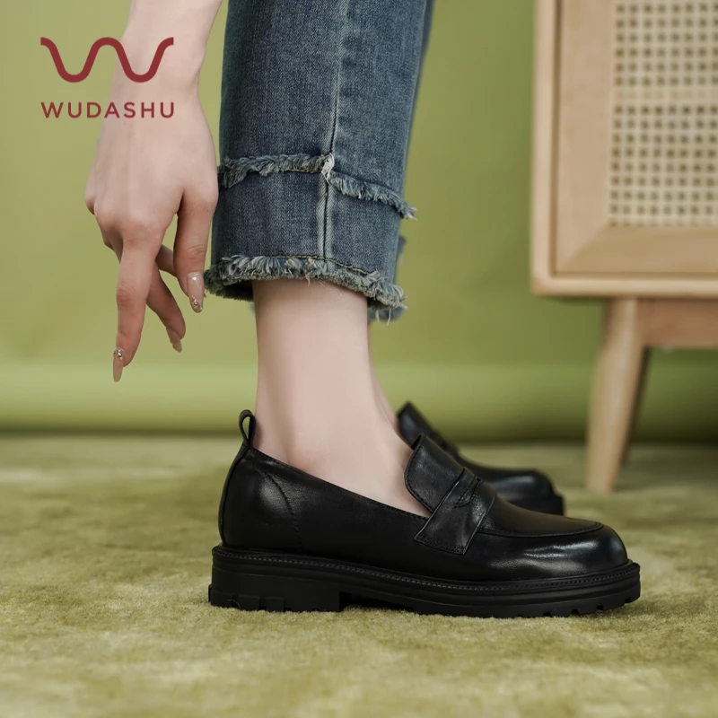 吴大叔【软羊皮】圆头乐福鞋休闲复古黑色漆皮单鞋百搭厚底增高女鞋