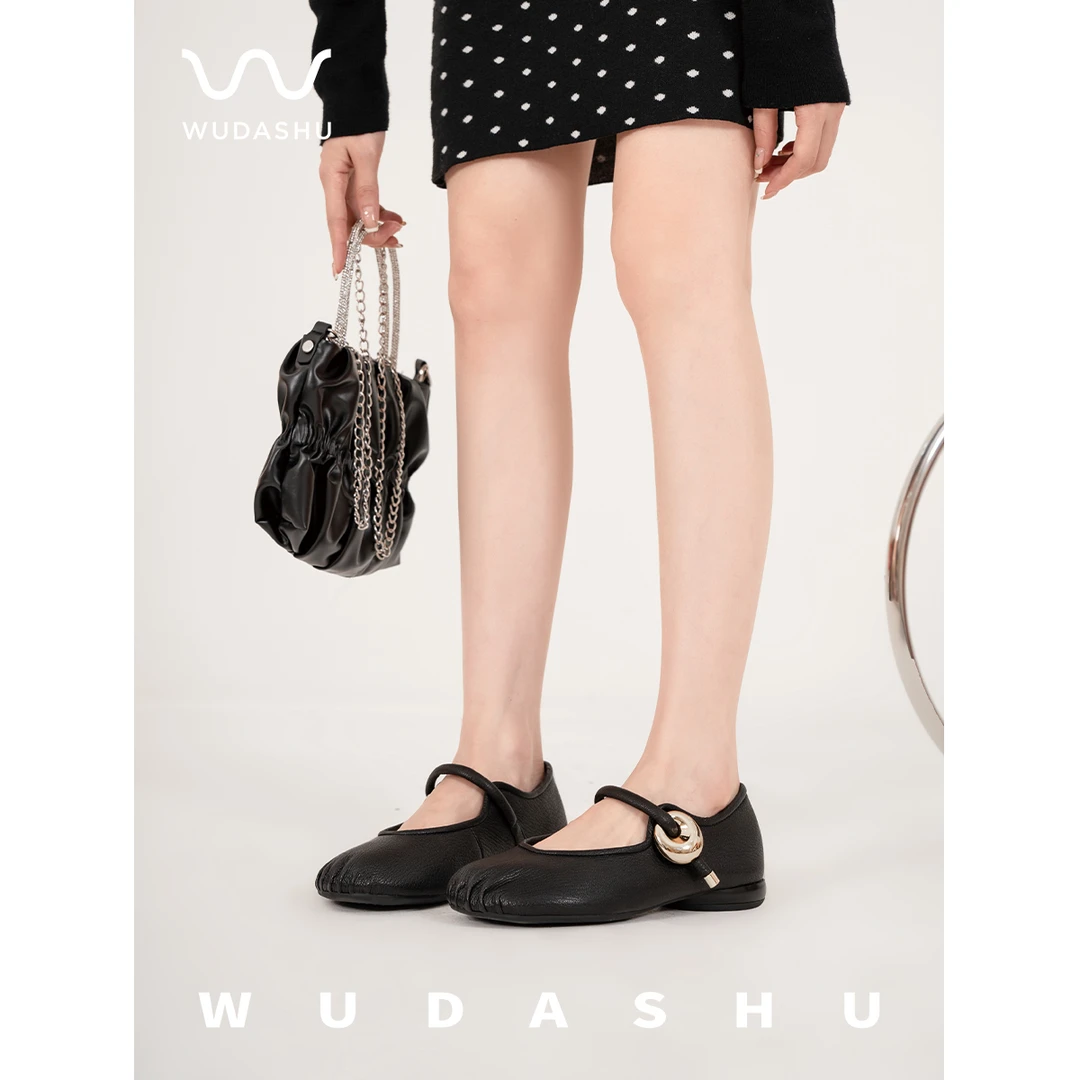 吴大叔秋季新款一字带圆头平底鞋雅丹真皮单鞋时尚百搭芭蕾舞鞋女