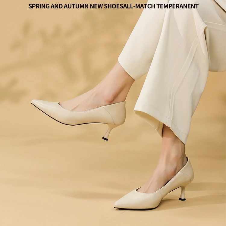 吴大叔时尚百搭通勤高跟鞋真皮春秋细跟法式职业尖头单鞋