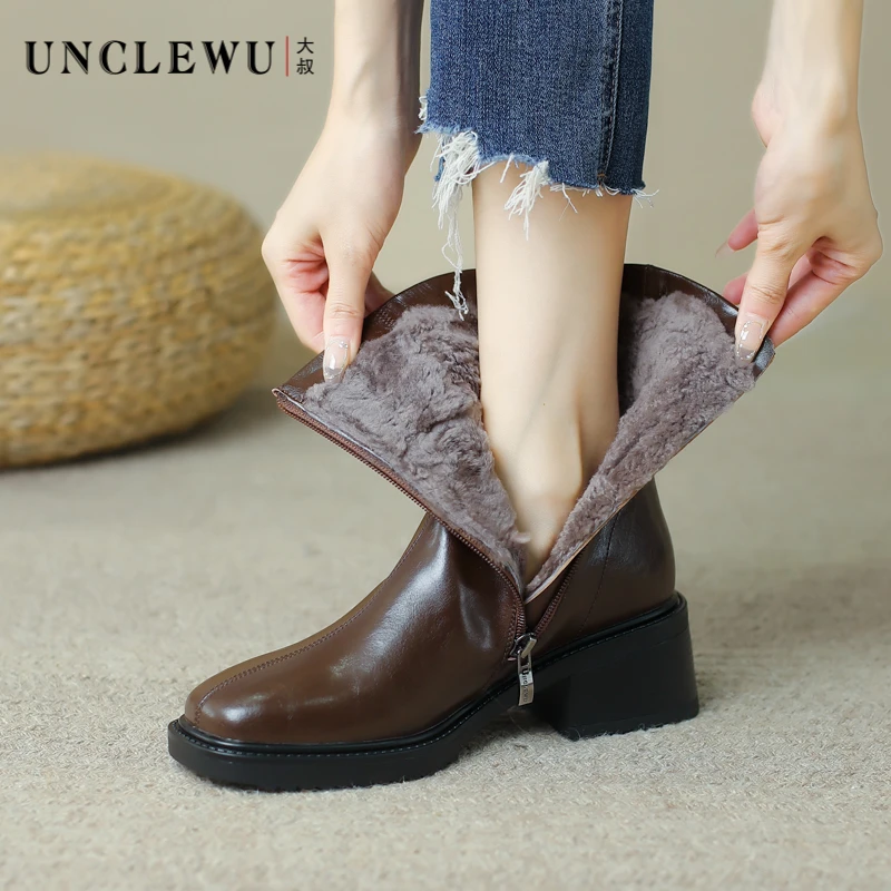 【达人专属】吴大叔冬季保暖方头真皮女靴百搭厚底粗跟切尔西靴子