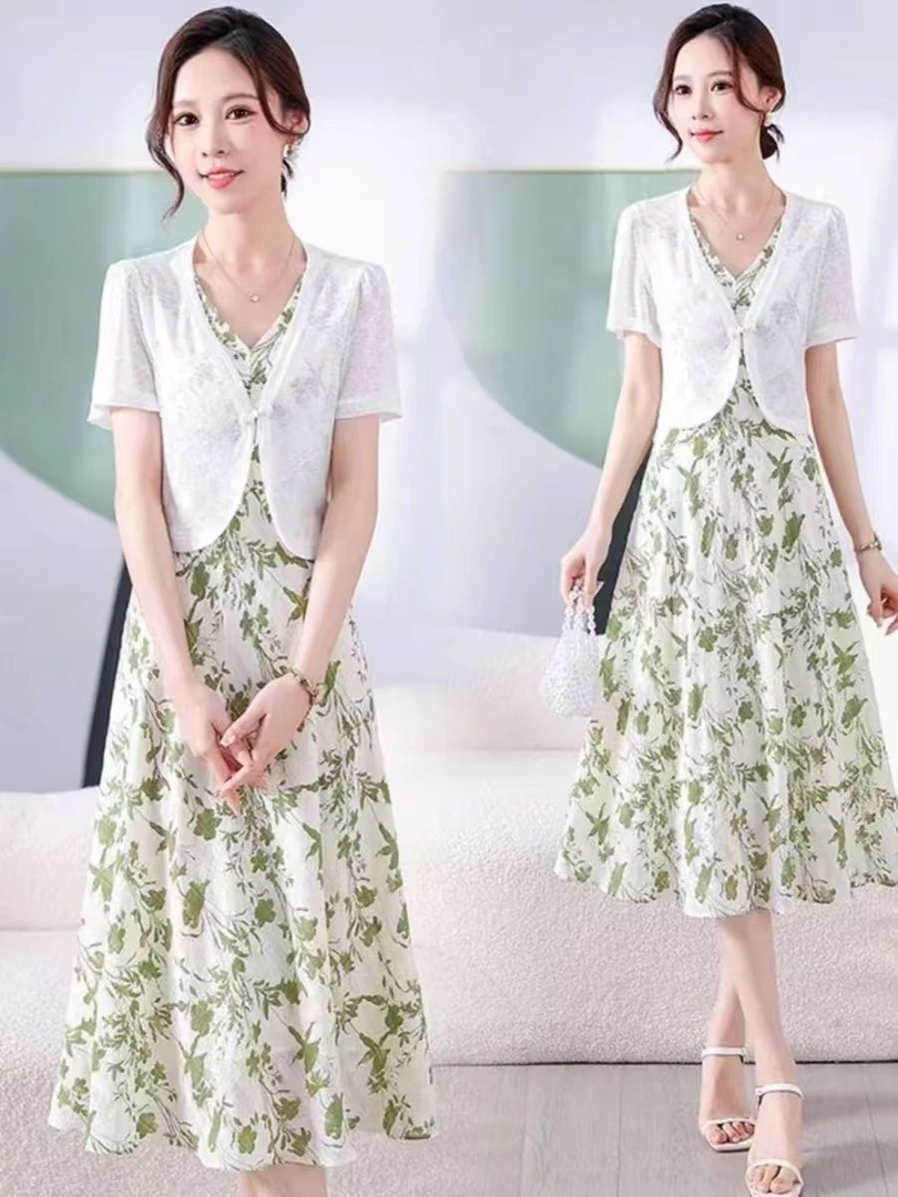 【XY1060】夏装新款时尚气质碎花背心裙两件套套裙