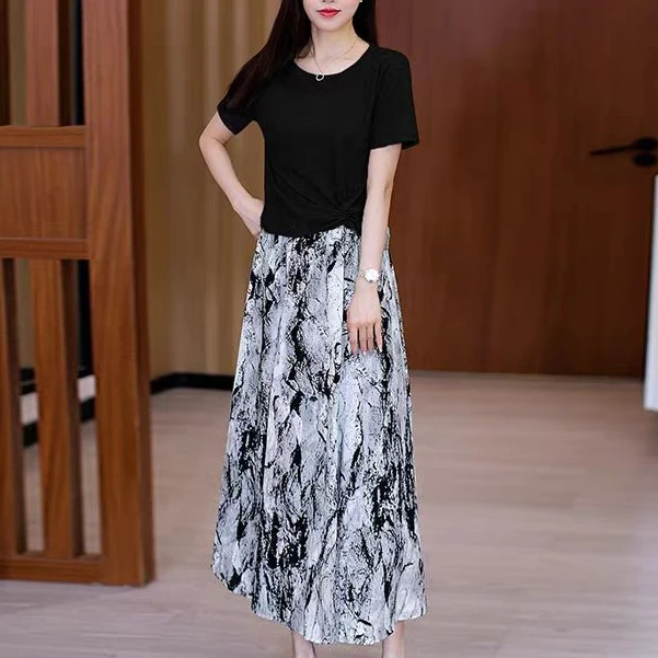 【XY1197】夏装新款时尚上衣水墨印花半身裙两件套套裙