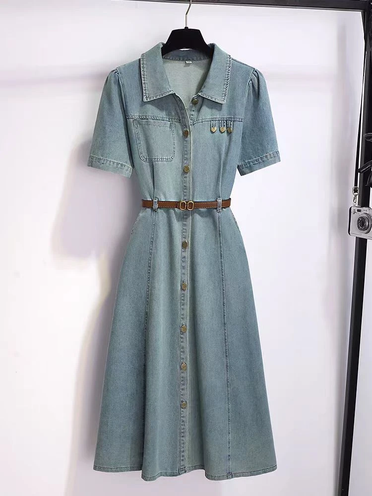 【XY1205】夏装新款时尚收腰显瘦气质中长款软牛仔连衣裙