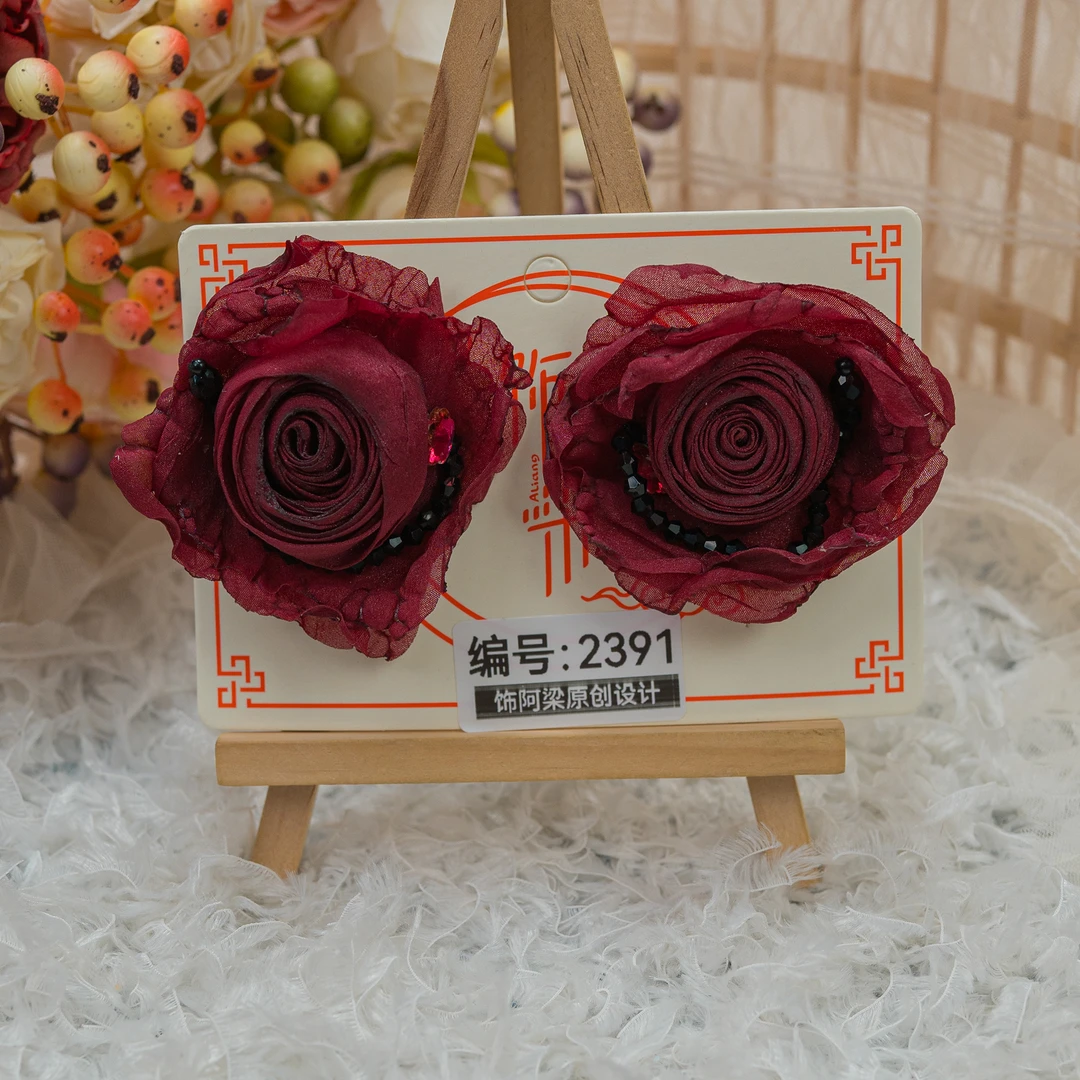 AL-2391 酒红色玫瑰对夹成人气质头饰发夹发饰可爱甜美百搭手工