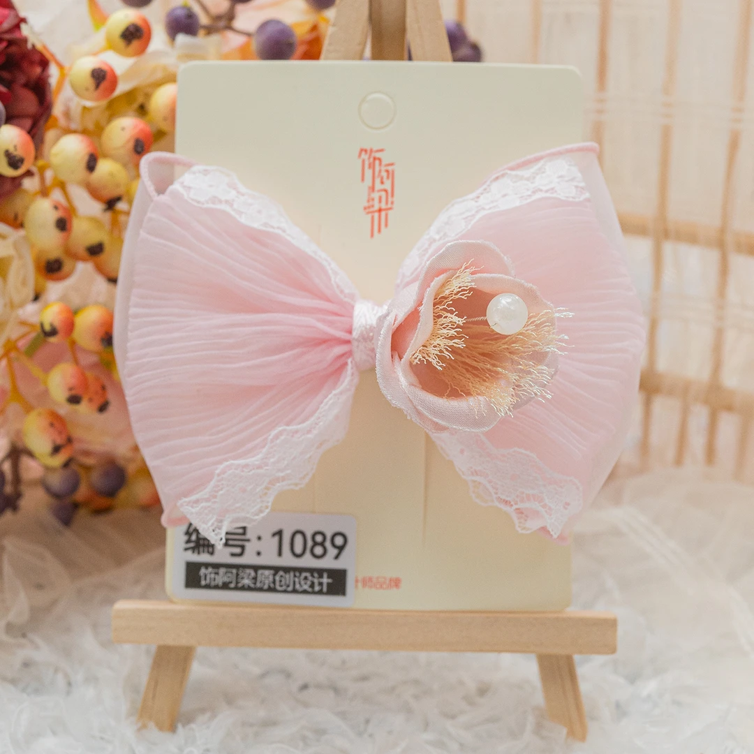 AL-1089 大枝玫瑰压夹粉色打皱发饰头饰儿童手工精致甜美仙气可爱