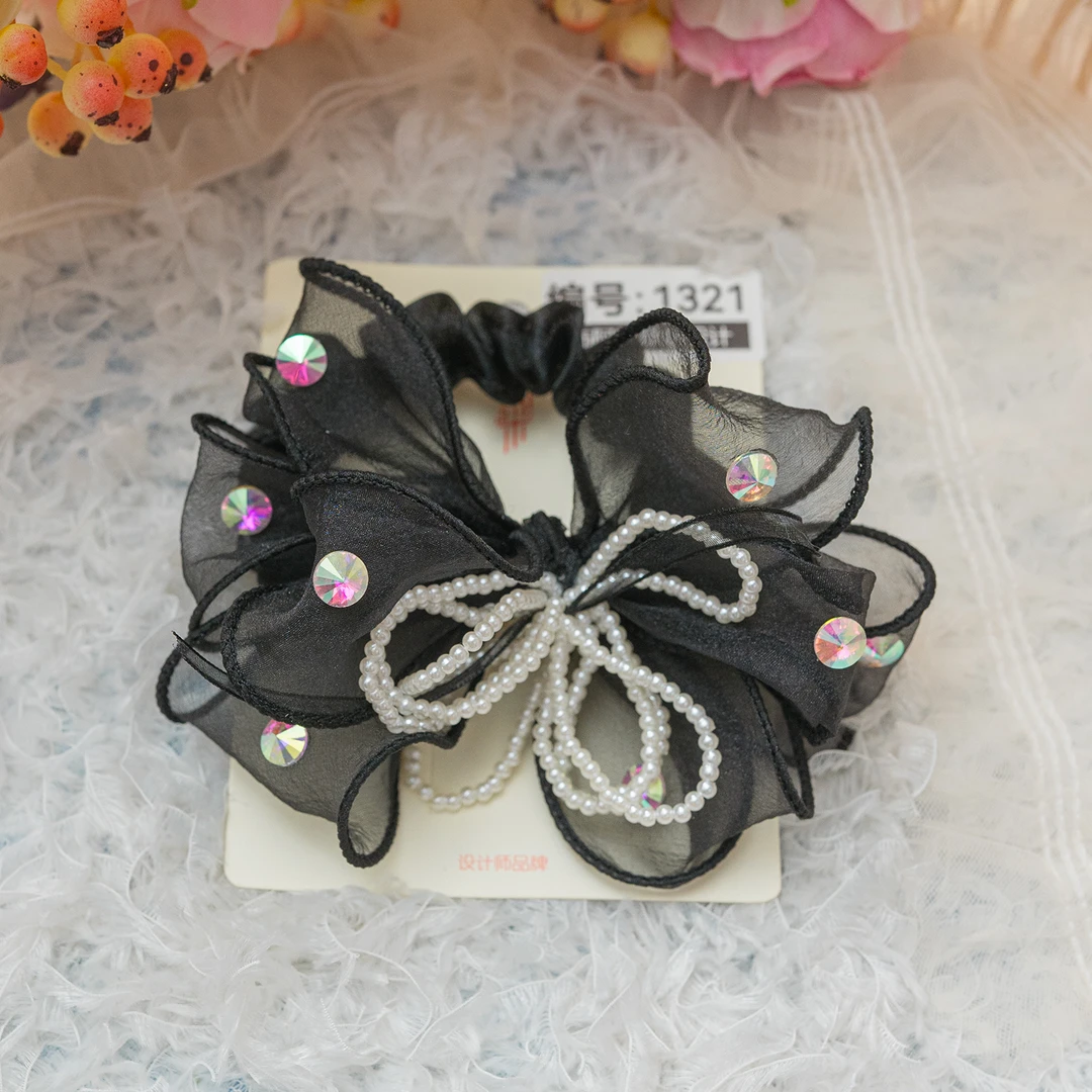 AL-1321 黑色蝴蝶结珍珠发圈丝带手工头饰发饰可爱精致时尚气质