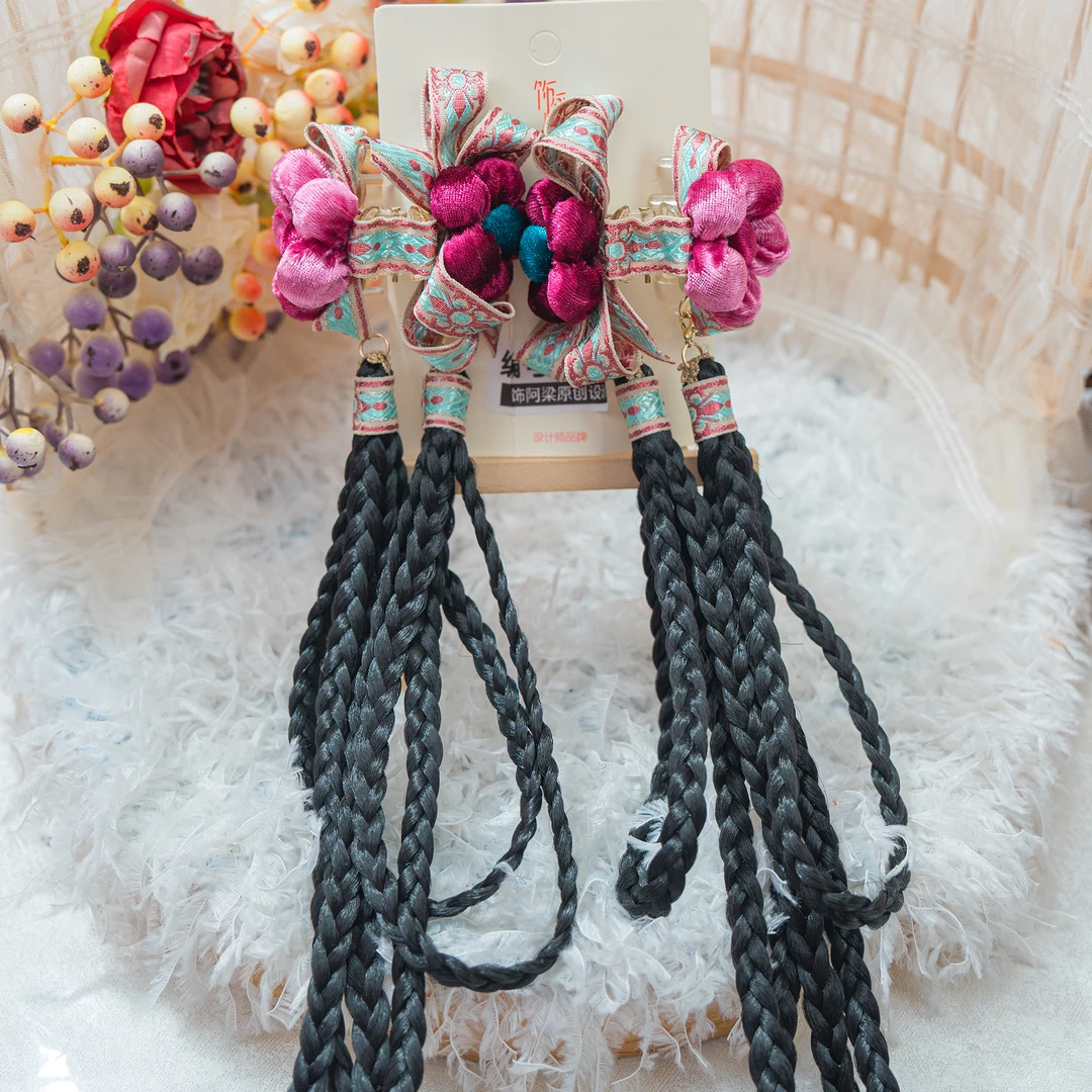 AL-2446 绛紫短辫抓夹头饰儿童小女孩发夹发饰可爱甜美手工中国风