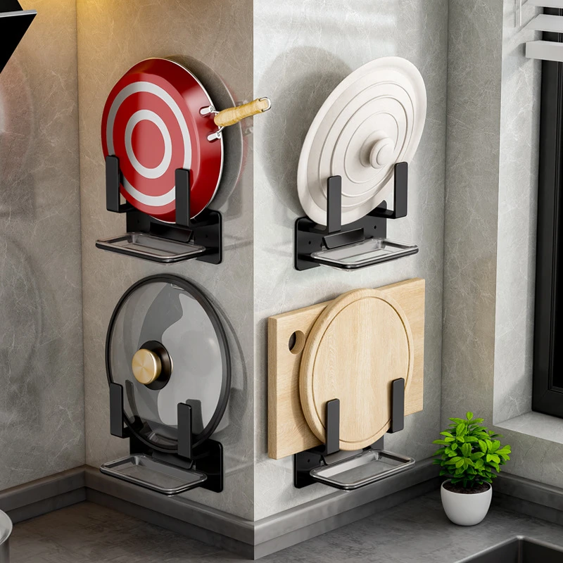 锅盖架带沥水盘厨房免打孔壁挂式黑色放菜板案板砧板收纳置物架子