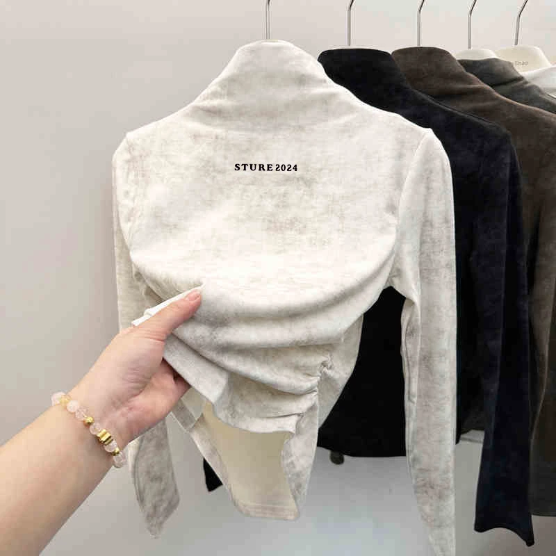 美式辣妹扎染半高领褶皱收腰短款长袖舒适德绒打底字母印花上衣女