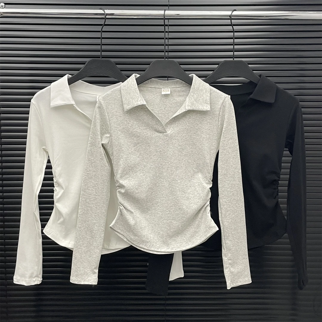 2025年新款POLO领正肩短款长袖修身褶皱收腰百搭简约别致外穿上衣