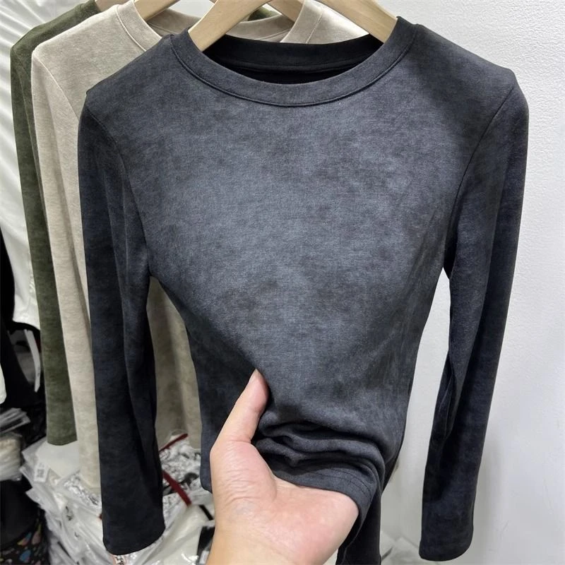 2025年秋扎染圆领显瘦长袖洋气个性百搭时尚设计感打底衣外穿女