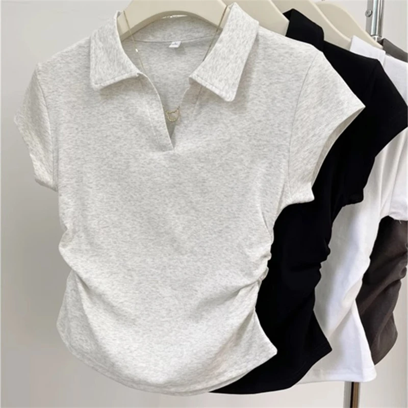 夏季辣妹女款正肩短袖t恤女设计感不规则褶皱短款Polo衫上衣