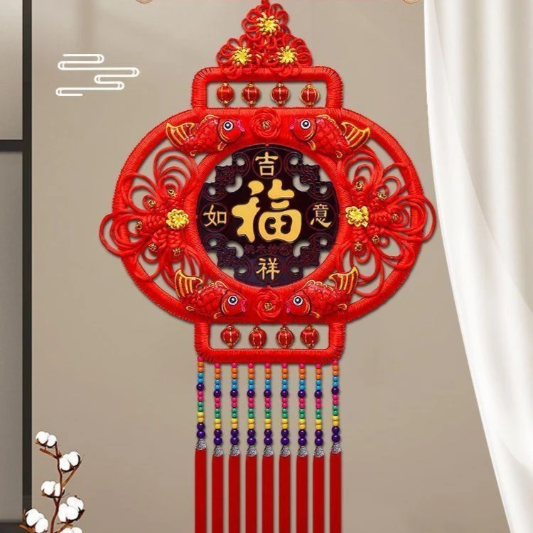 新款中国结灯笼客厅大号电视墙高档桃木玄关乔迁福字春节装饰挂件