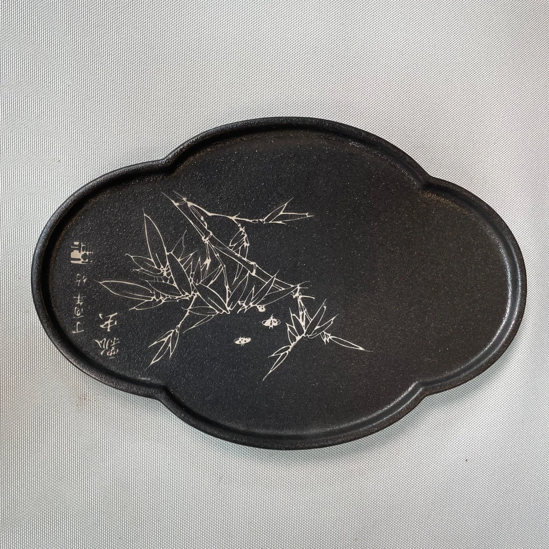 黑陶花形梅花干泡盘