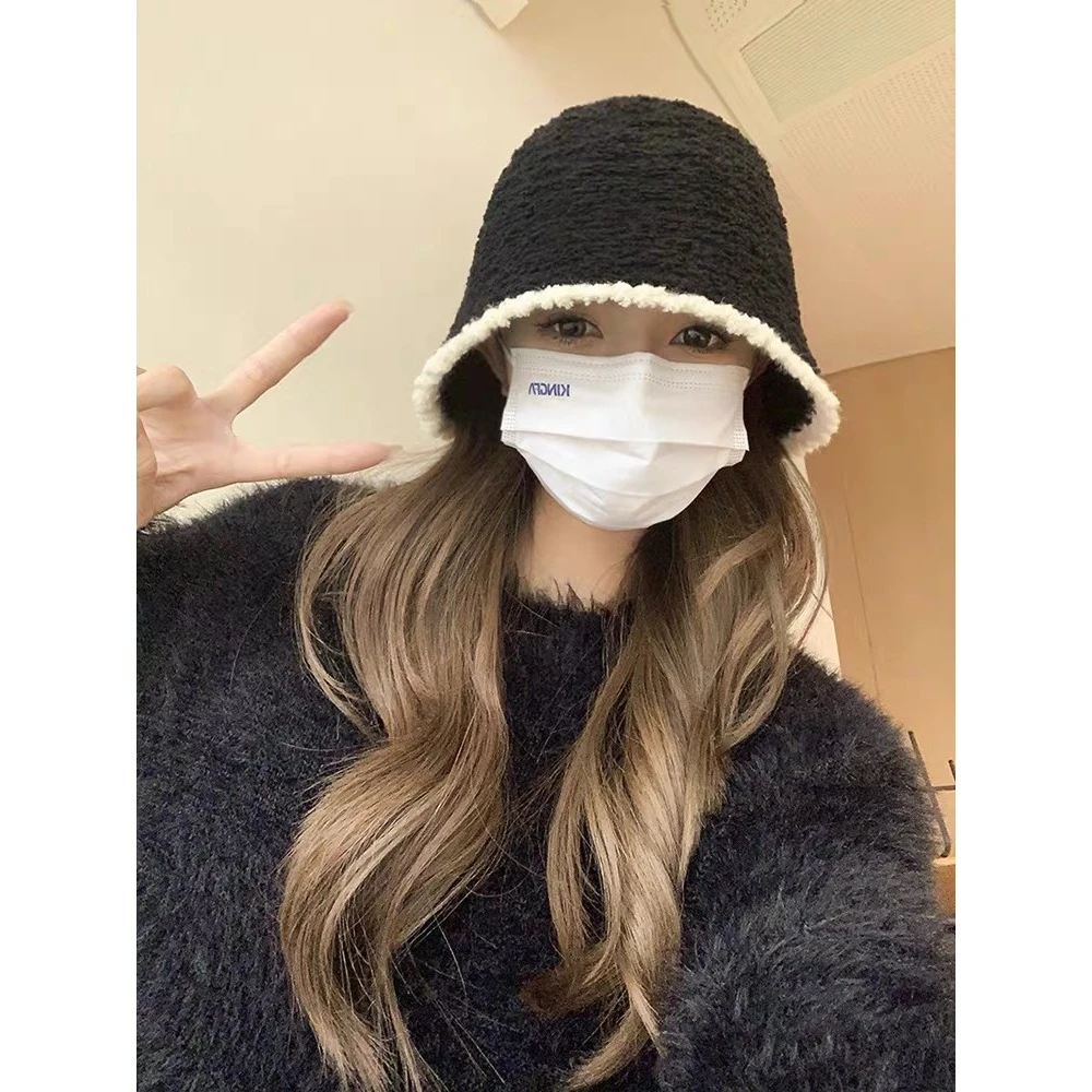 帽子女冬季2023新款黑色针织毛绒水桶帽秋冬保暖百搭显脸小渔夫