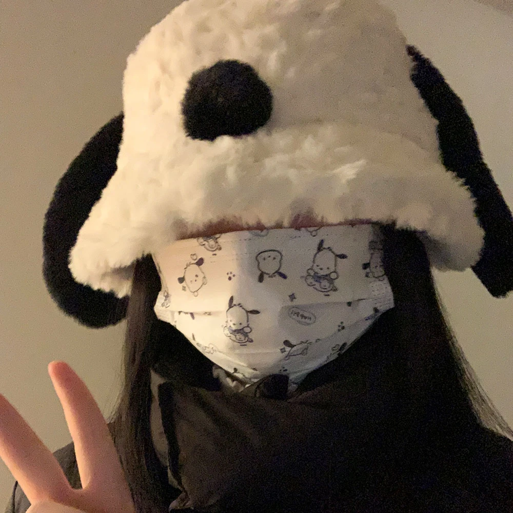 小狗耳朵渔夫帽女秋冬季韩版大头围毛绒水桶帽可爱显脸小保暖帽子