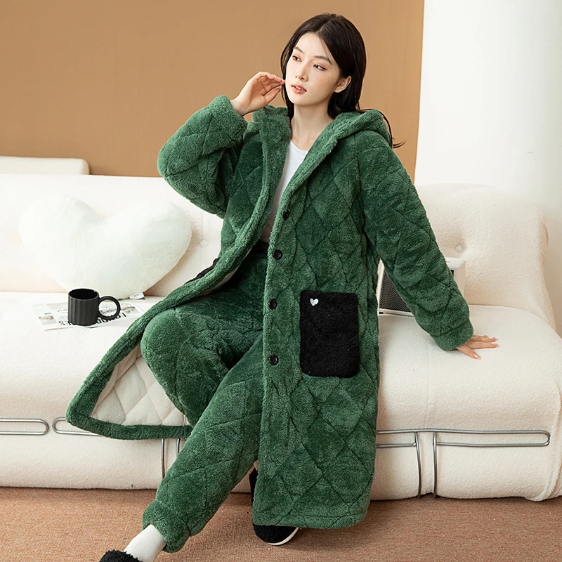 珊瑚绒睡袍女冬加厚加绒2023新款法兰绒三层夹棉高级感睡衣家居服