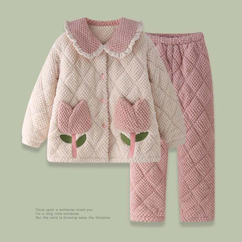 冬季睡衣女2023新款家居服法兰绒珊瑚绒加绒加厚三层夹棉保暖套装