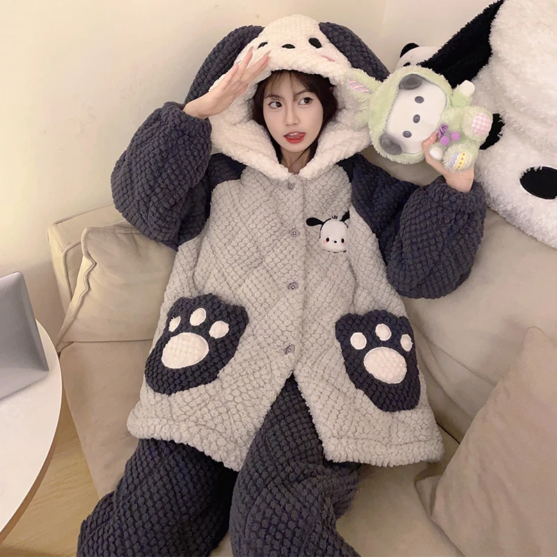2023新款珊瑚绒睡衣女冬加厚加绒可外穿三层夹棉法兰绒套装家居服