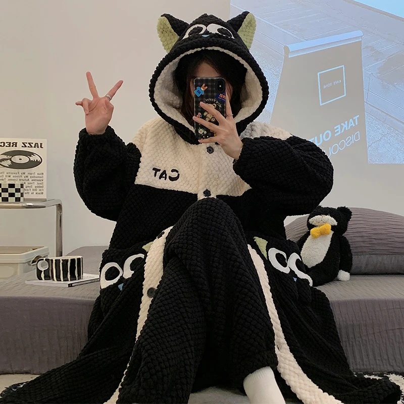 睡衣女冬季新款珊瑚绒法兰绒加绒加厚睡袍高级感甜美家居服套装