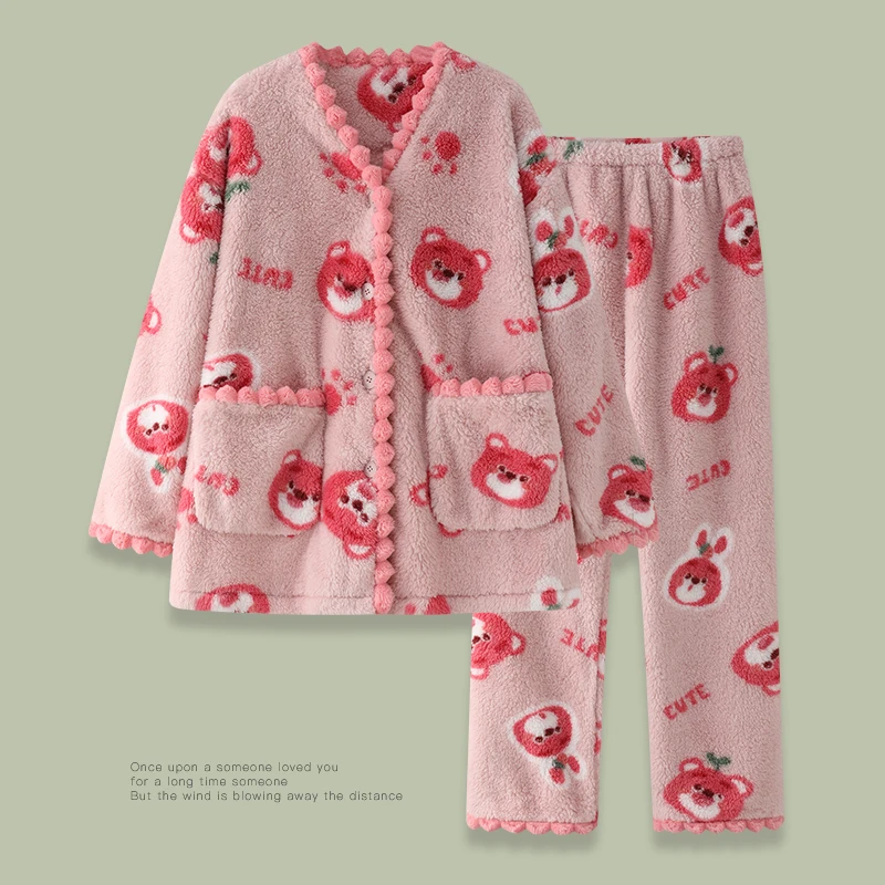 睡衣女士2023年新款秋冬季珊瑚绒加绒加厚法兰绒家居服可外穿套装