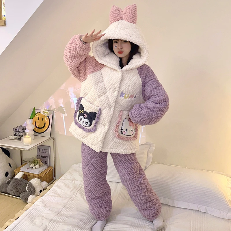 睡衣女冬款2023珊瑚绒加绒加厚两件套法兰绒高颜值三层夹棉家居服