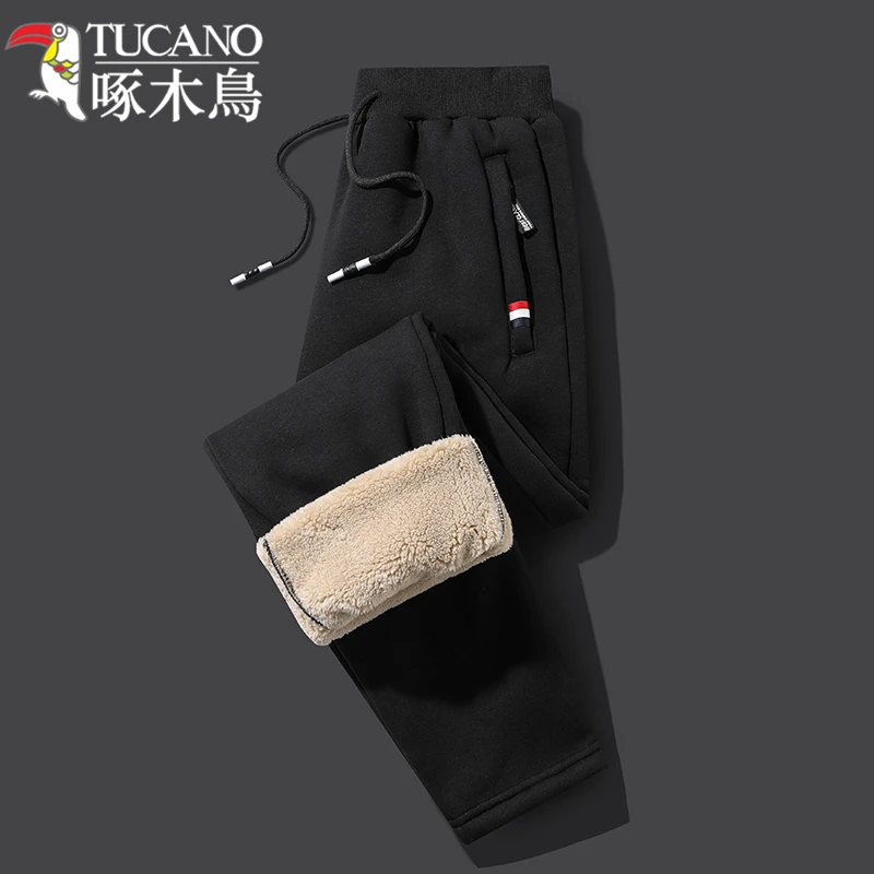 啄木鸟加绒男士冬季纯棉加厚宽松外穿束脚运动裤男款保暖休闲裤子