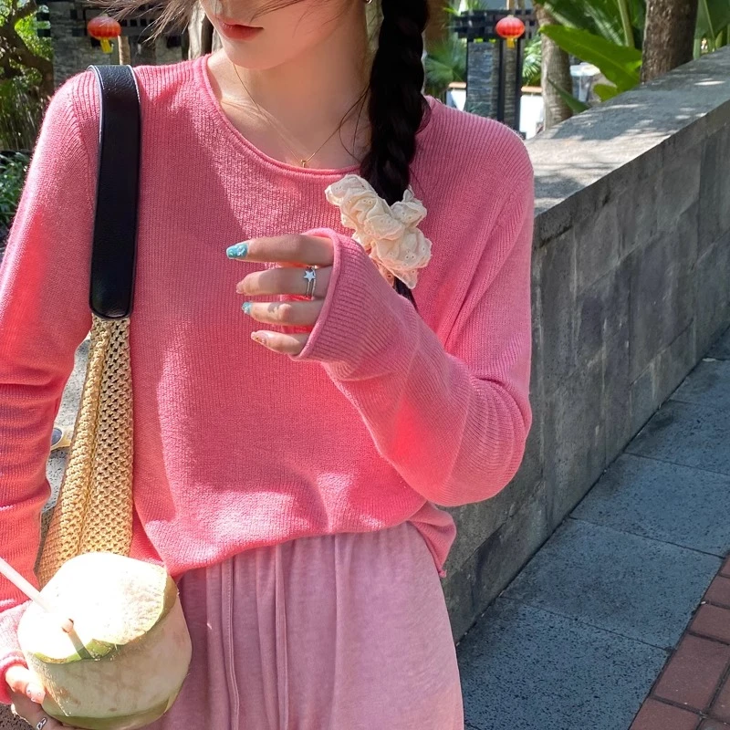 圆领打底衫女春秋薄款2024年新款纯色长袖针织衫内搭修身春季上衣