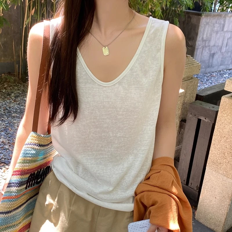 白色v领吊带背心女夏新款宽肩带遮副乳外穿宽松内搭打底棉麻上衣