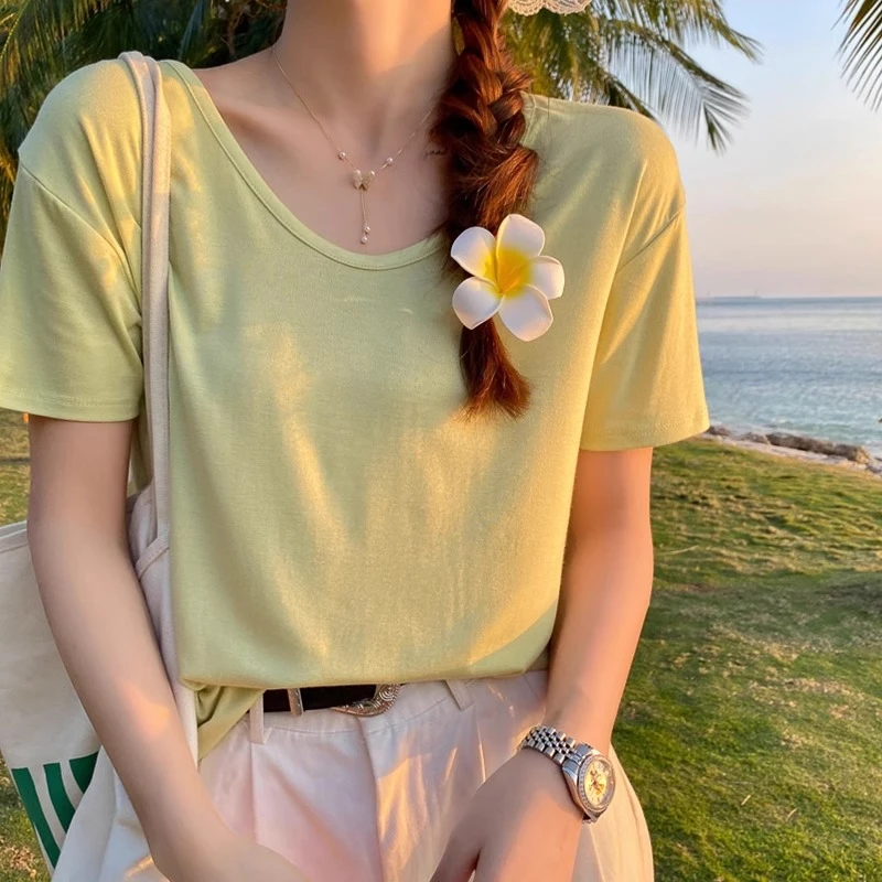 短袖面膜T恤女薄款宽松2025年夏季新款V领纯色体恤上衣